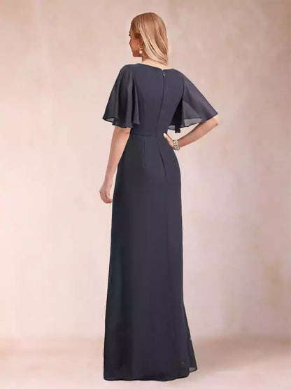 A charming A-line/princess style black chiffon with decals and ruffles Mother of the Bride Dresses