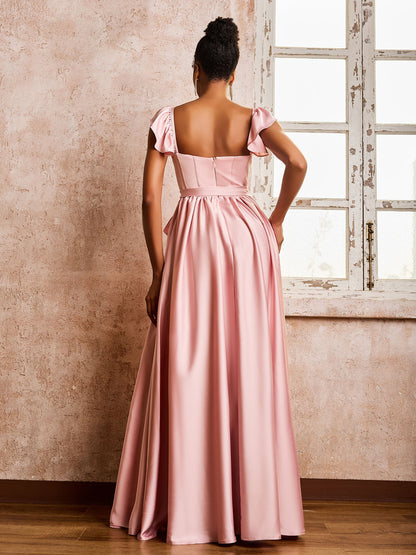 Square Neck Flutter Sleeves A-line High Slit Dresses With Belt Dusty Rose