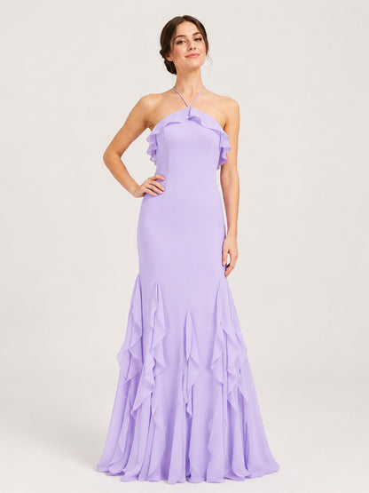Criss-Cross Lace-Up Back Chiffon Dress with Ruffles Lilac