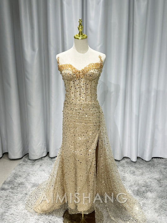 Wholesale Elegant Formal Wear Dresses Strapless Champion Sequin Long Prom Dress Slit Evening Gown Charming Party Dress