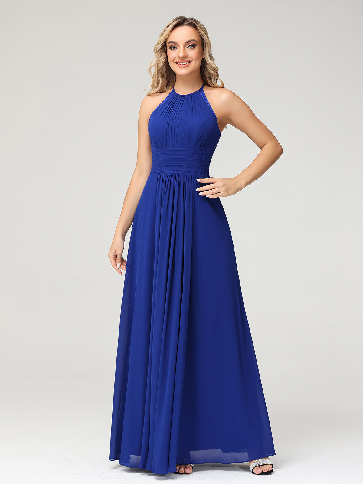Halter Chiffon Long Gown With Lace Strap Royal Blue