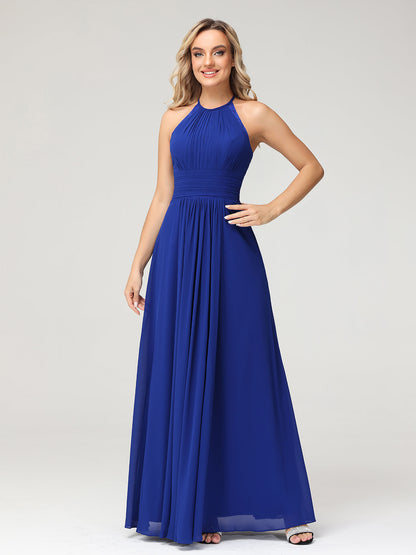 Halter Chiffon Long Gown With Lace Strap Royal Blue