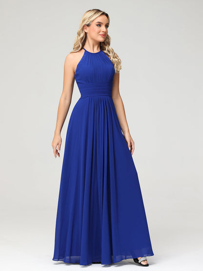 Halter Chiffon Long Gown With Lace Strap Royal Blue