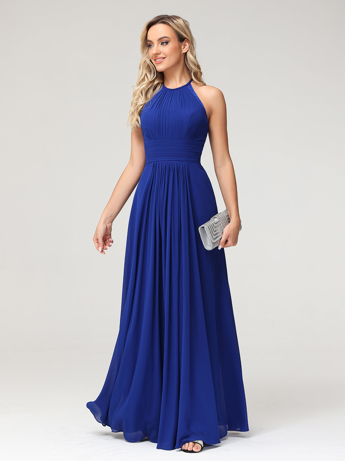 Halter Chiffon Long Gown With Lace Strap Royal Blue