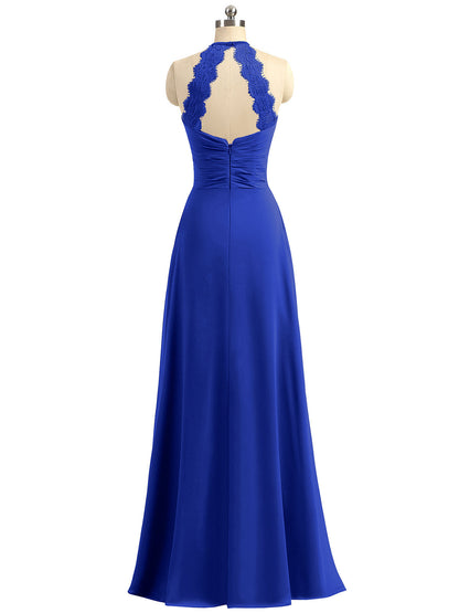 Halter Chiffon Long Gown With Lace Strap Royal Blue