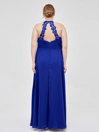 Halter Chiffon Long Gown With Lace Strap Royal Blue