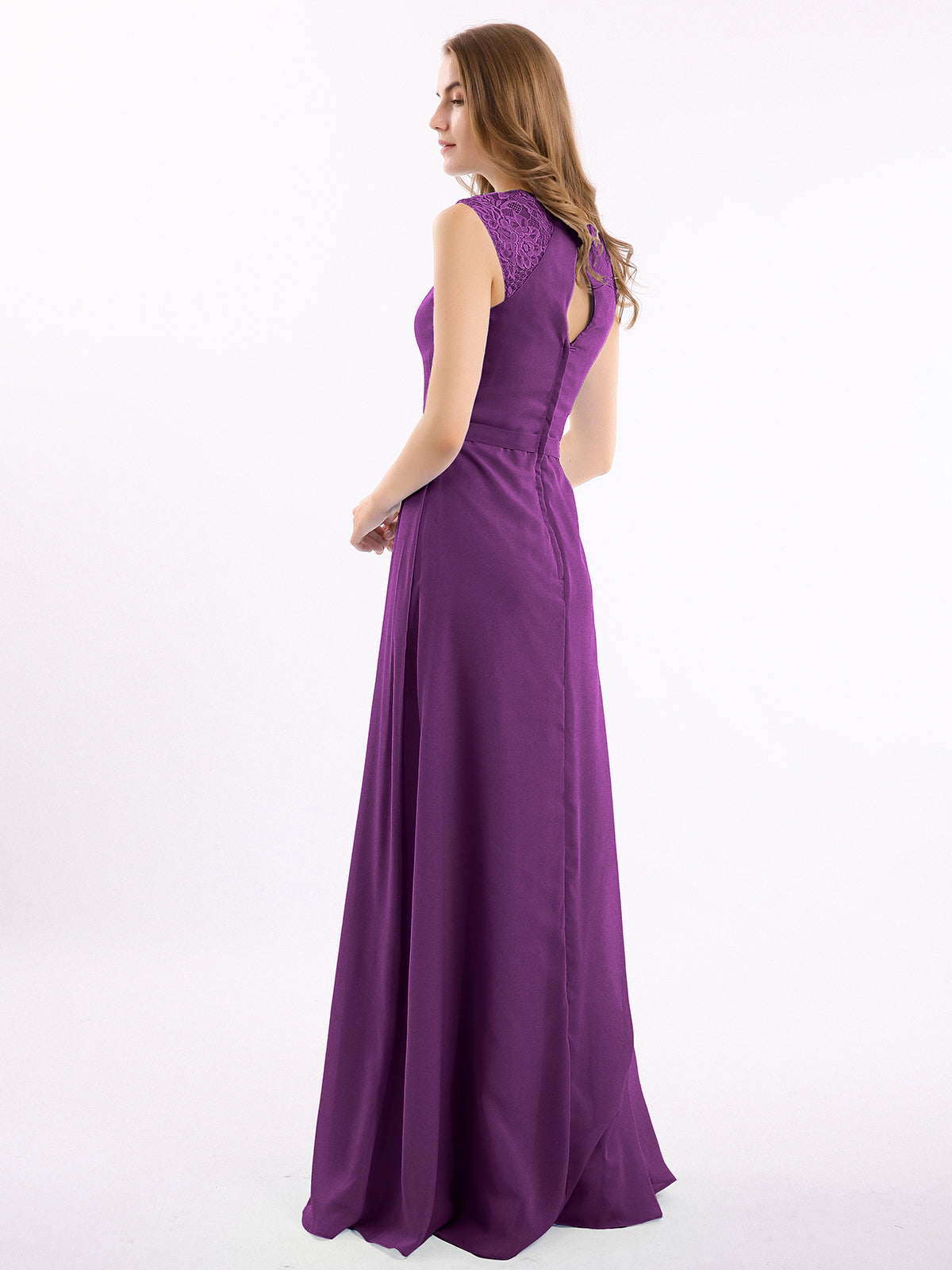 Chiffon and Lace Open Back Full Length Dress Grape