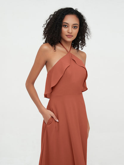 Halter Strap Chiffon Long Bridesmaid Dresses Rust