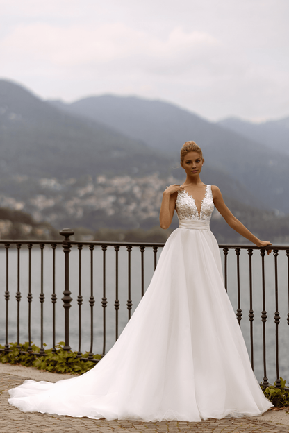 Lace Bodice Wedding Gown Open Back Wedding Dress with Lace Strap - Sleeveless Ball Gown Wedding Dress with V