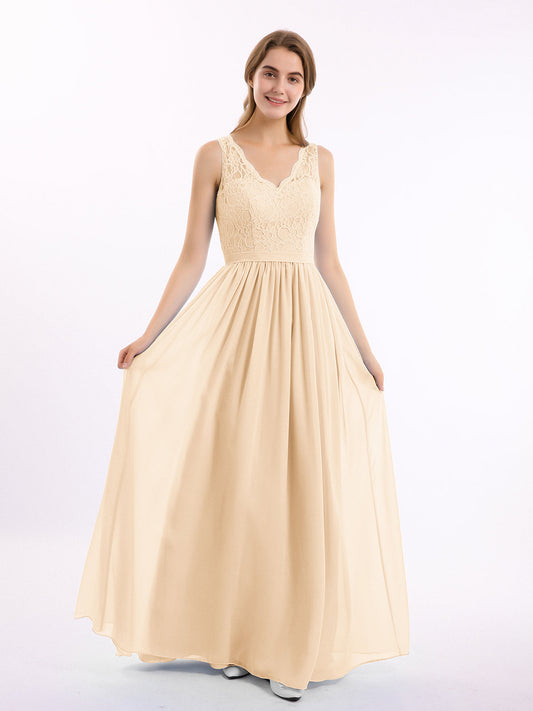 Lace Top and Chiffon Bottom Long Dresses Peach