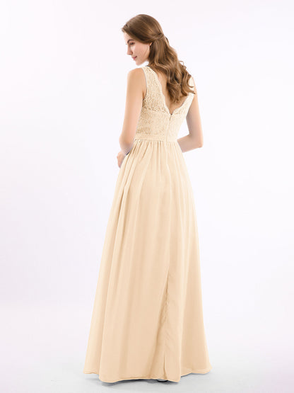 Lace Top and Chiffon Bottom Long Dresses Peach