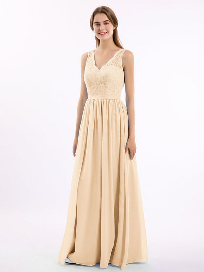 Lace Top and Chiffon Bottom Long Dresses Peach