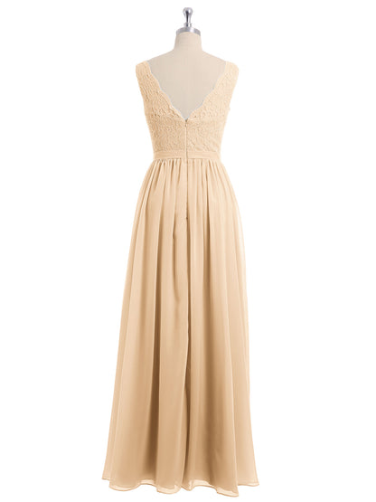 Lace Top and Chiffon Bottom Long Dresses Peach