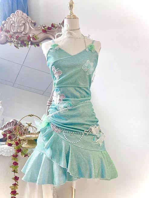 Fashion Mint Green Sparkling Sequin Spaghetti Strap Ruffled Hem Short 16th Birthday Party Dress Homecoming Dress HZ1024