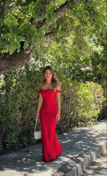 Vintage Sheath Off The Shoulder Red Satin Evening Dress Prom Dresses Birthday Outfits HZ1024