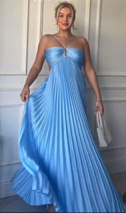Simple A line Halter Blue Sleeveless Long Prom Dress Formal Evening Dresses HZ1024