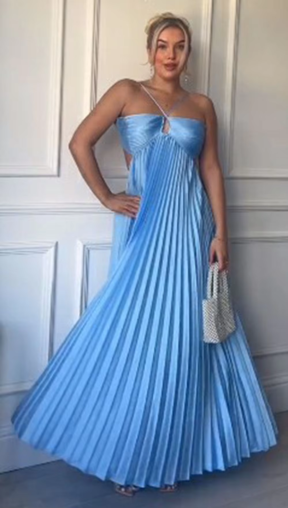 Simple A line Halter Blue Sleeveless Long Prom Dress Formal Evening Dresses HZ1024