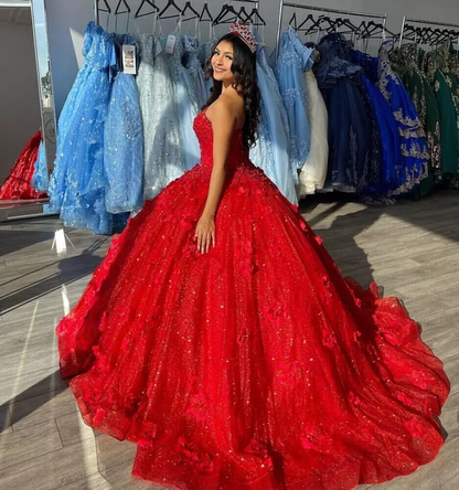 Classy Strapless Red Sequin Tulle Appliques Ball Gown ,Formal Sweet 16 Dress  cc2672