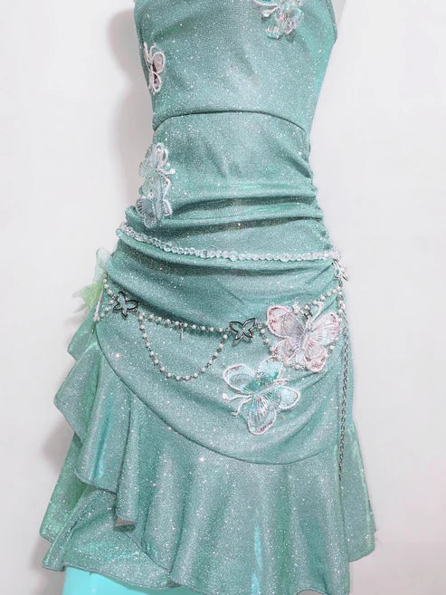 Fashion Mint Green Sparkling Sequin Spaghetti Strap Ruffled Hem Short 16th Birthday Party Dress Homecoming Dress HZ0319