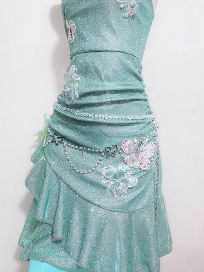 Fashion Mint Green Sparkling Sequin Spaghetti Strap Ruffled Hem Short 16th Birthday Party Dress Homecoming Dress HZ0319