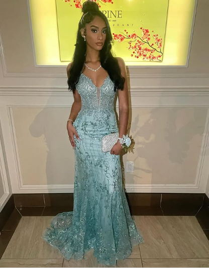 Charming Spaghetti Straps Tulle Lace Mermiad Prom Dress Blue V Neck Prom Evening Gown cc2445