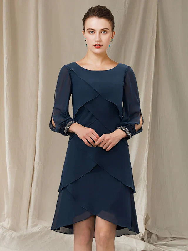 A-Line Mother of the Bride Dress Elegant Jewel Neck Asymmetrical Short Mini Chiffon Short Sleeve with Ruffles