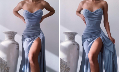 Mermaid Long Evening Dress Blue Elegant Slit Sleeveless Train Zip Prom Party Dress cc134