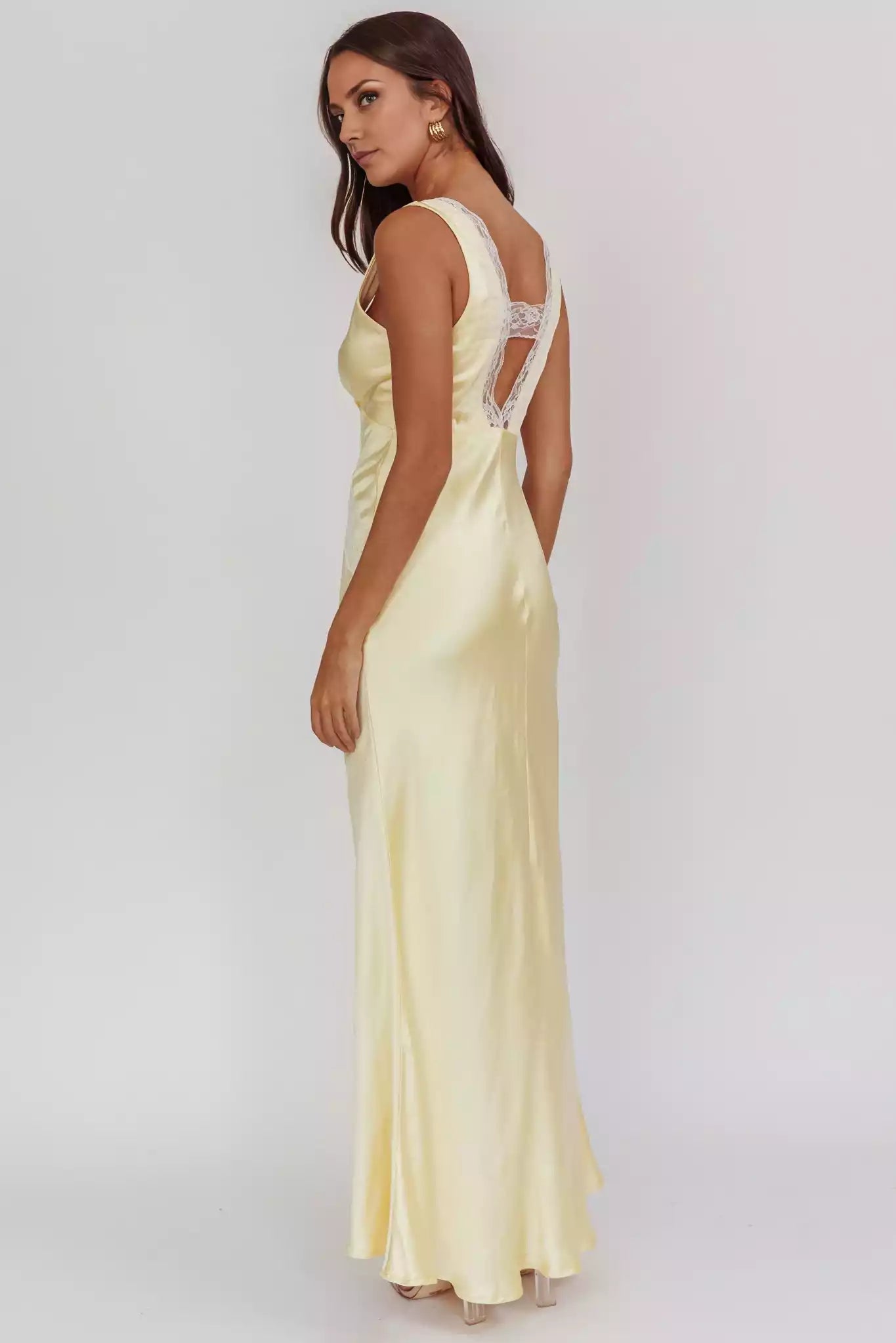 Beautiful lace edge satin super long suspender deep V-neck invisible side zipper Prom Dresses