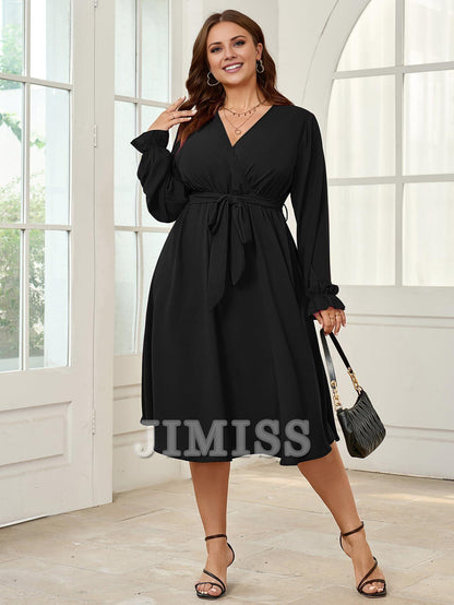 Plus size evening dress mid length dress winter long sleeved wrap V-neck belt A-line flowing party dress