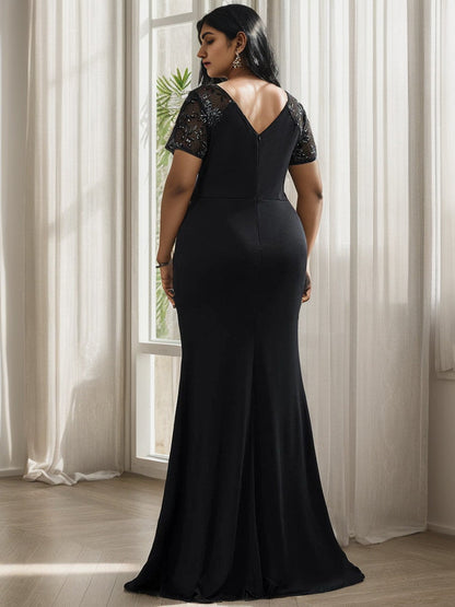 Plus Size Front Slit Short Sleeve With Sequin Mother of the Bride Dress Sexy