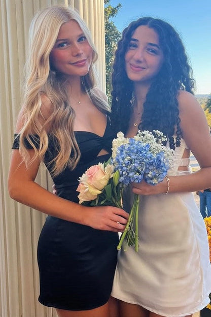 Black Off-Shoulder Twist Satin A-Line Empire-Waist Short Homecoming Dress