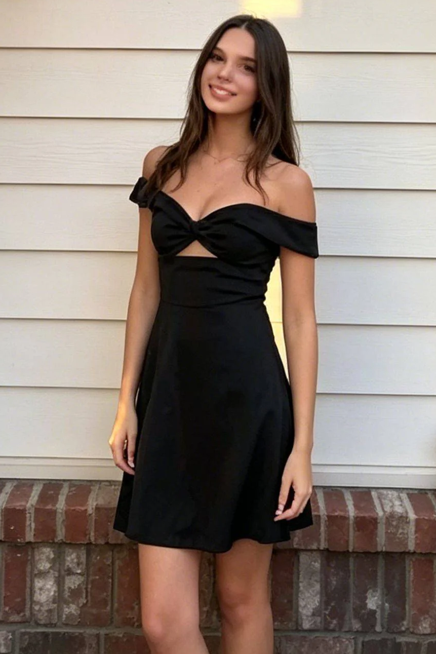 Black Off-Shoulder Twist Satin A-Line Empire-Waist Short Homecoming Dress