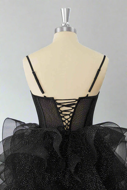 Black Straps A-Line Ruffle Homecoming Dress