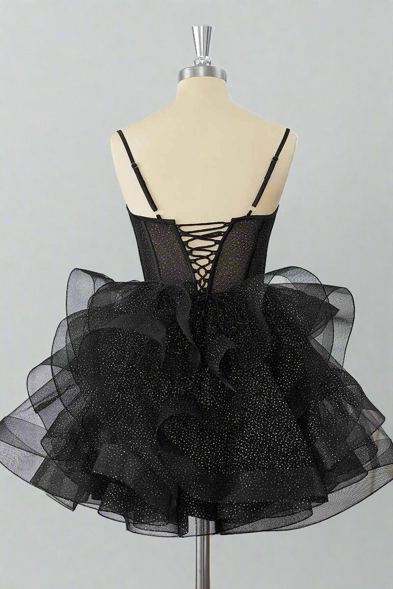 Black Straps A-Line Ruffle Homecoming Dress