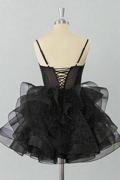 Black Straps A-Line Ruffle Homecoming Dress