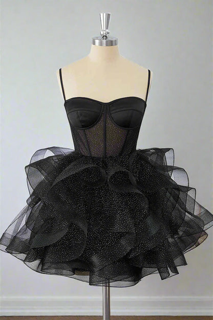 Black Straps A-Line Ruffle Homecoming Dress
