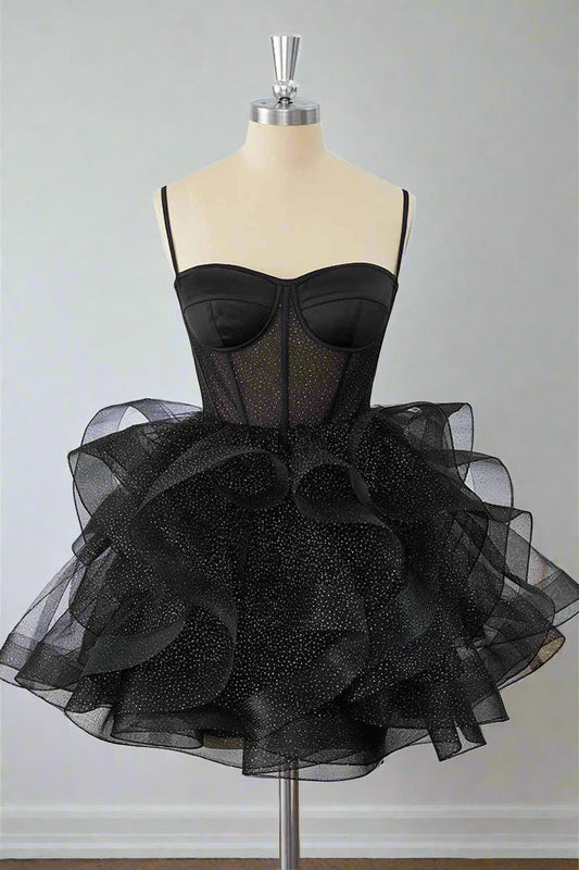 Black Straps A-Line Ruffle Homecoming Dress