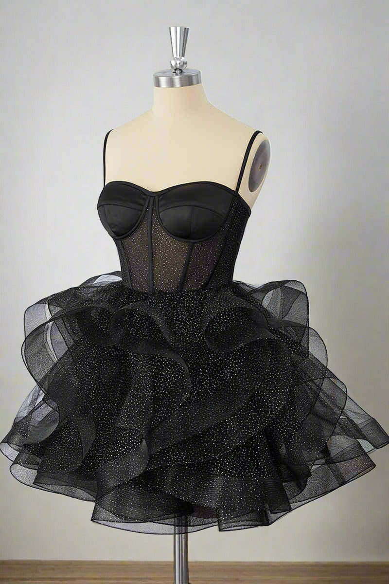 Black Straps A-Line Ruffle Homecoming Dress