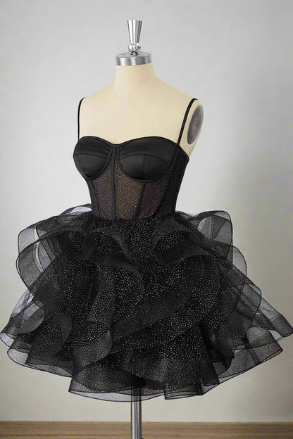 Black Straps A-Line Ruffle Homecoming Dress