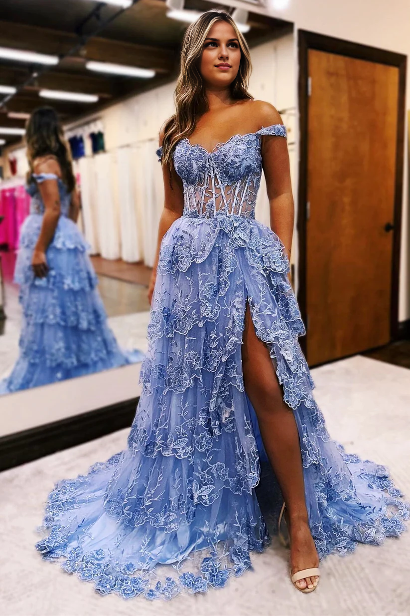 Aimishang A Line Tulle Appliques Off-the-Shoulder Ruffle Long Prom Dress Sweetheart Tiered Skirt Corset Lace Formal Dress Charming Evening Party Sparkly Dress