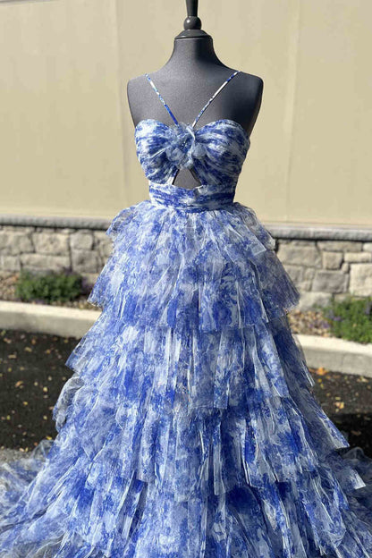 Straps Blue Floral Print Keyhole Ruffle A-line Long Prom Dress