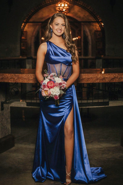 Fuchsia One Shoulder Boning Pleated Satin Long Prom Dress