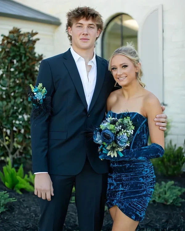 Fashion Blue Velvet Tight Design Party Gown Elegant Strapless Homecoming Dress HZ1024