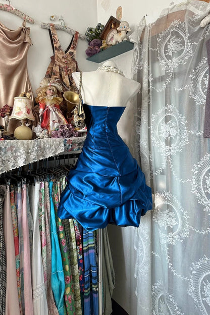 girlhomeshops-Blue Satin Back-To-School Dress, Short Birthday Dress gh6233