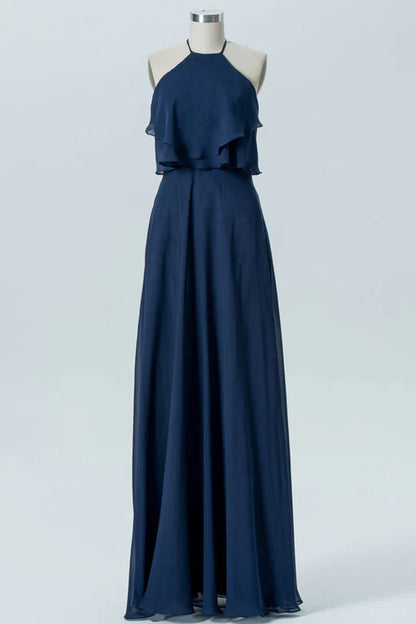 Halter Backless Ruffled Bridesmaid Dress