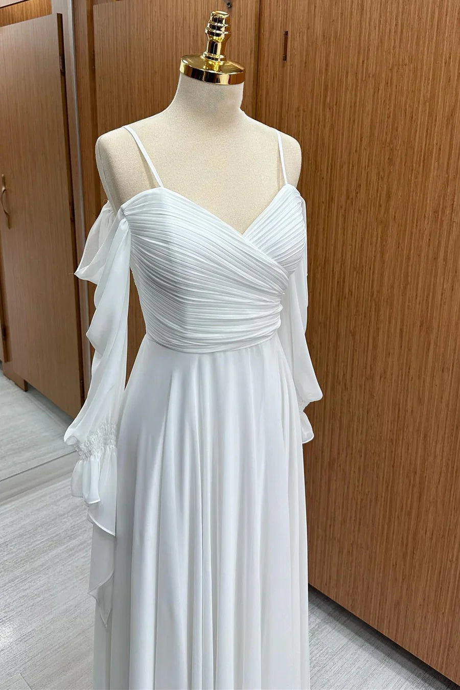 Spaghetti Straps Cold-Shoulder Floor Length Chiffon Bridesmaid Dress