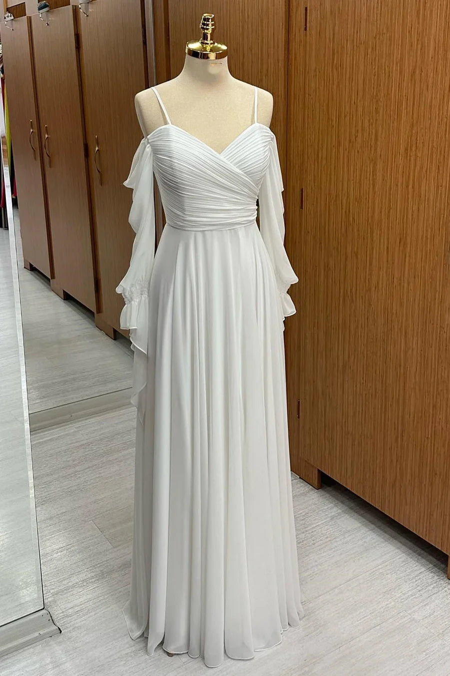 Spaghetti Straps Cold-Shoulder Floor Length Chiffon Bridesmaid Dress