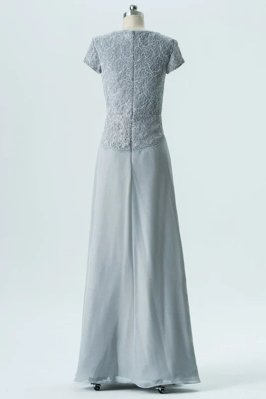 V Neck Floor Length Chiffon Short Sleeve Bridesmaid Dress