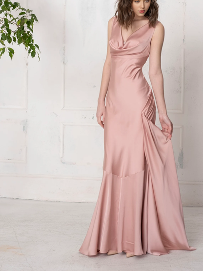 Bridesmaids Dress Simple Wedding Dress Long Slip Dusty Rose Sleeveless Maxi Dress Cowl Neck Prom Dress Reception Wedding Dress
