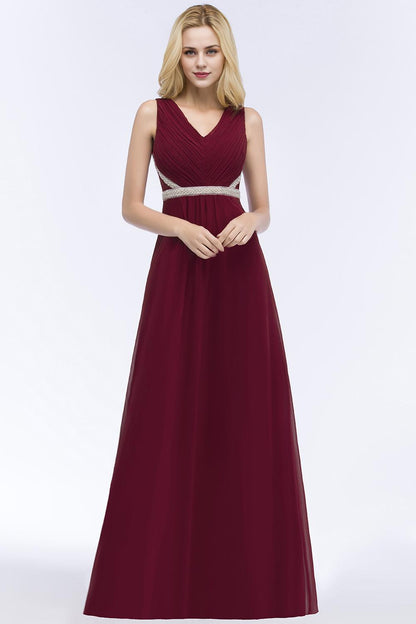 A-line V-neck Long-Sleeveless Ruffled Floor-Length Bridesmaid Dresses with